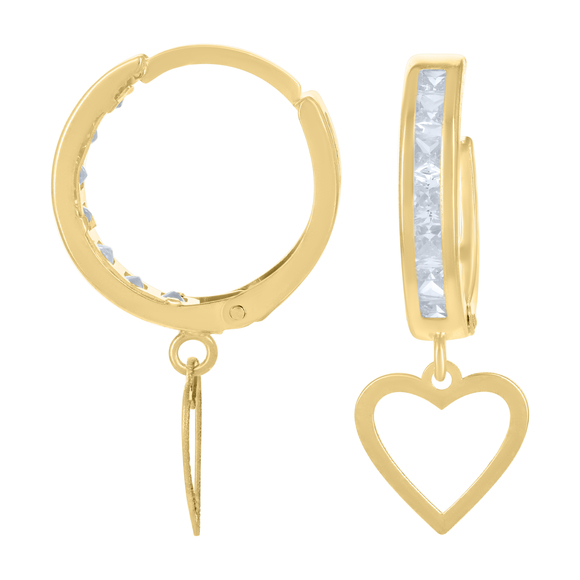 10kt 10k Yellow Gold Womens Cubic-Zirconia Heart Dangle Hoop Earrings - Picture 1 of 1